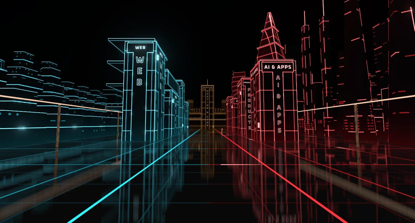 A black city on a mirror floor: cyan towers on the left, red on the right, an amber tower at the end of the boulevard.