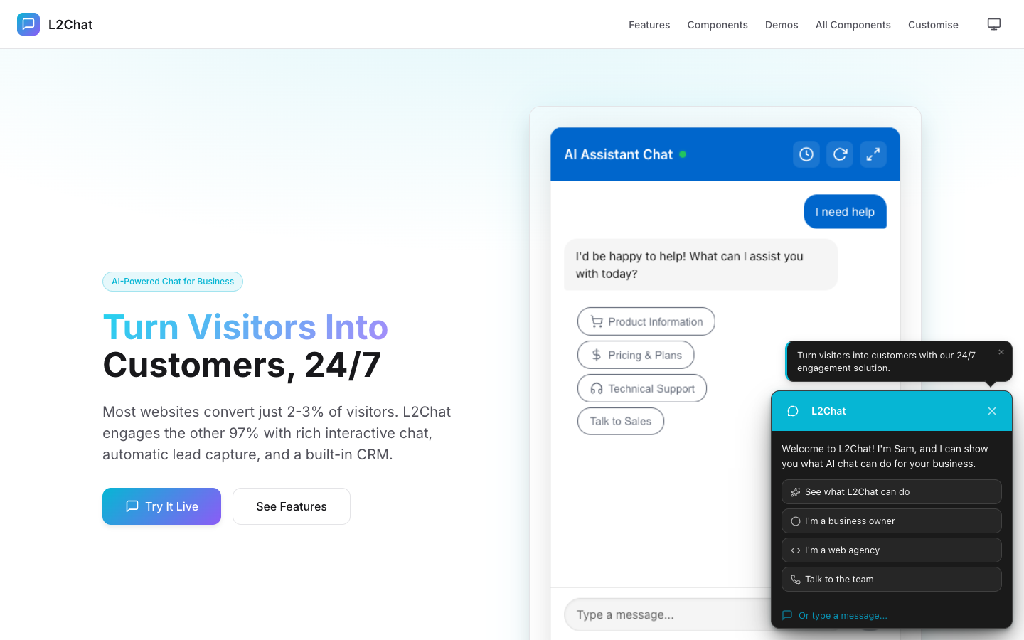 The L2Chat website showing its AI chat widget answering a visitor in a live demo