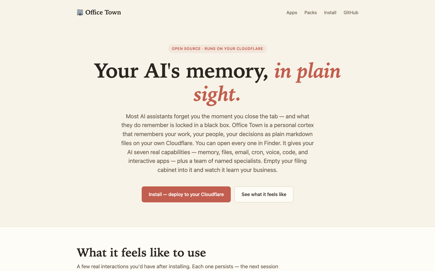 The Office Town website: your AI’s memory as plain files you own